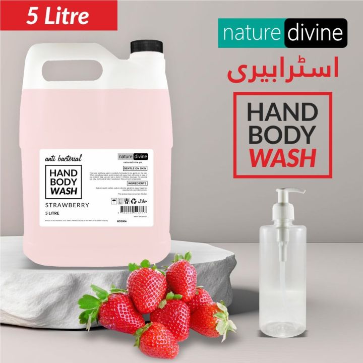5 Litre Nature Divine Antibacterial Strawberry Hand Wash, Hand Soap, Body Wash Liquid with 500 ml Refillable Empty Dispenser Bottle