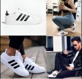 Unisex White Sneakers With Black Stripes. 
