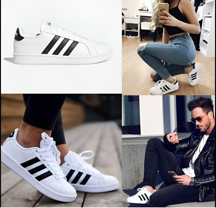 Unisex White Sneakers With Black Stripes