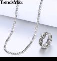 Men's Ring Necklace Jewelry Set Stainless Steel Cuban Link Chain Necklace Wedding Ring Male Jewelry Hip Hop color (Golden, Black, Silver), ring size 17,18,19,20,21. 