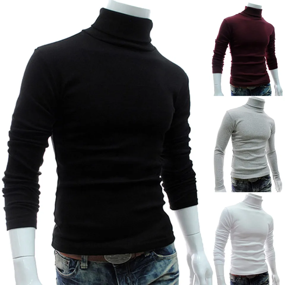 Men Fashion Solid Color Long Sleeve Turtleneck Sweater Slim Fit Knitted Pullover