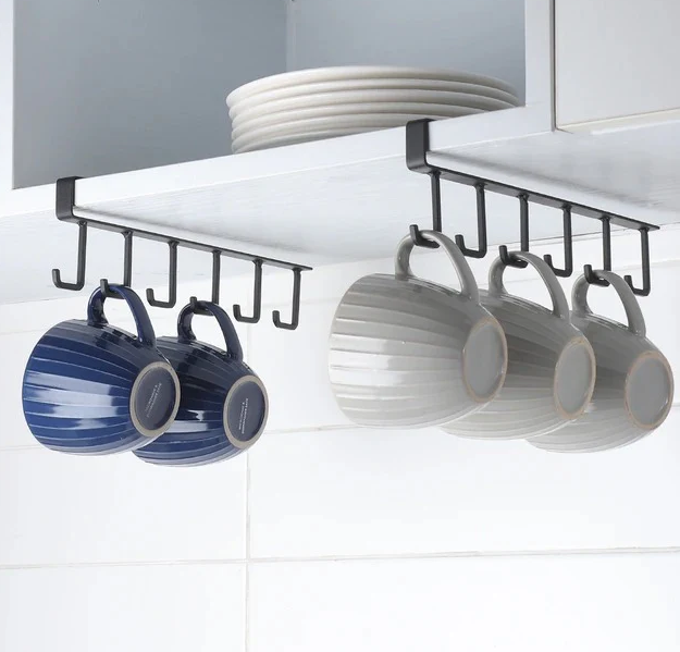 Metal 6 Hooks Tea Cup Mug Holder Under Shelf Hooks Cup Rack Mug Holder ...