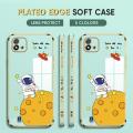 (Free Lanyard) Luxury 6D Plating Case for Realme C20 / C20A / C11 2021 Back Cover Cute Cartoon Happy Astronaut Side Pattern Soft Silicone Square Phone Cases. 