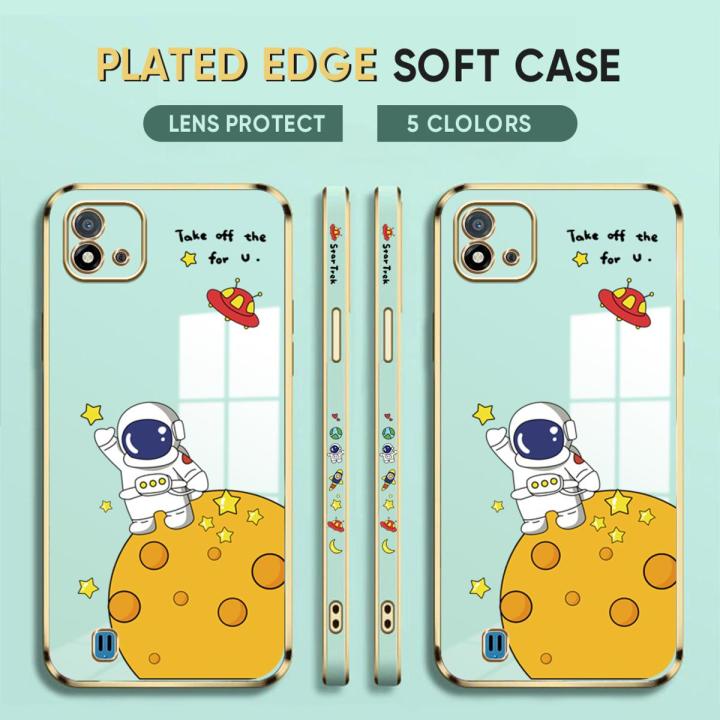 (Free Lanyard) Luxury 6D Plating Case for Realme C20 / C20A / C11 2021 Back Cover Cute Cartoon Happy Astronaut Side Pattern Soft Silicone Square Phone Cases