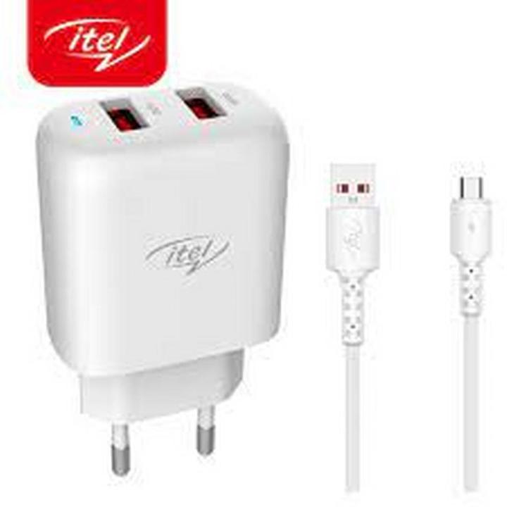 100% Original Itel ICE-41 Dual Port USB Wall Charger Fast Charging With 2 USB DC5.0V/2.4A MAX With Fast Charging Cable Micro USB / Itel Dual USB Mobile Fast Charger With Fast Charging Cable ICE-41 White