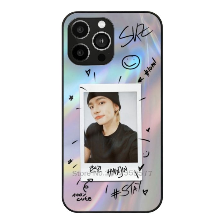 Hyunjin Sticker Phone Case Glass For Iphone15 14 13 11 12 Pro Max Mini Xr X Xs 6 7 8 Plus Cover Skz Hyunjin Felix Bangchan Chan