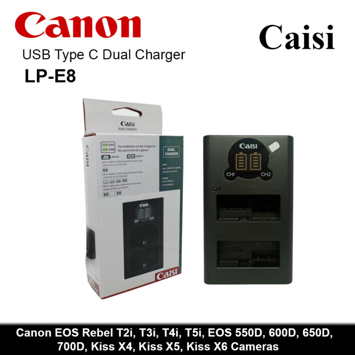 Type c caisi dual charger lc-e8 Canon EOS 550D, EOS 600D, EOS 650D, EOS 700D, EOS Kiss X4, X5, X6i, EOS Rebel T2i, EOS Rebel T3i, EOS Rebel T4i, Rebel T5i Camera
