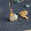 BLACK ANGEL Jade Rabbit Jewelry Set Khotan Jade Ring Ancient Gold Inlaid Chalcedony Necklace Stud Earrings Cute Bunny Pendant. 