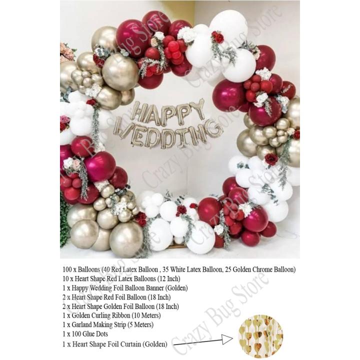 Wedding Decoration Set - Wedding / Anniversary Balloon Decoration Set - Red / White / Golden Balloon Decoration - Balloon Stand - Wedding Celebration Decoration - Wedding Balloon - Heart Shape Foil Curtain - Red White Golden Balloon - Wedding Theme Set