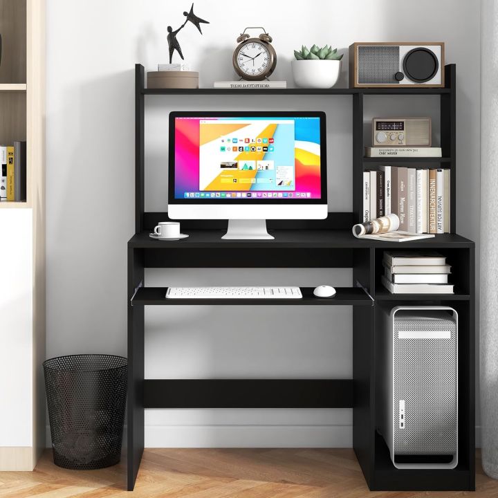 Computer Desk with Storage Shelf, Wooden Writing Desk with Hutch, Office Desk with CPU Stand & Keyboard Tray, Home PC Desk with Bookshelf, for Bedroom, Study, Living Room