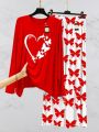 Peach Women Heart Printed Nightwear Set with Butterfly Printed Trousers – Women's Lounge Wear. 