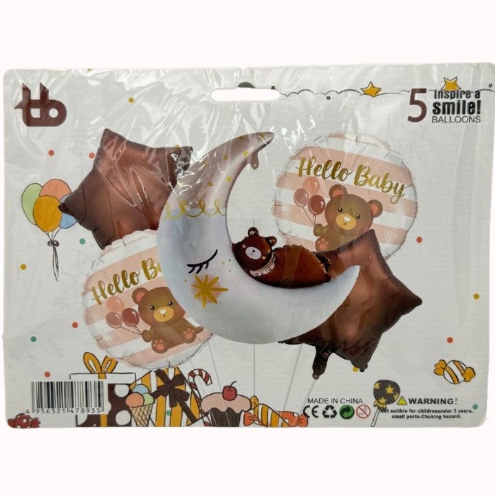 CRESCENT FOIL BALLOON - TEDDY BEAR FOIL BALLOON - HELLO BABY FOIL BALLOON - PACK OF 5 FOIL BALLOONS