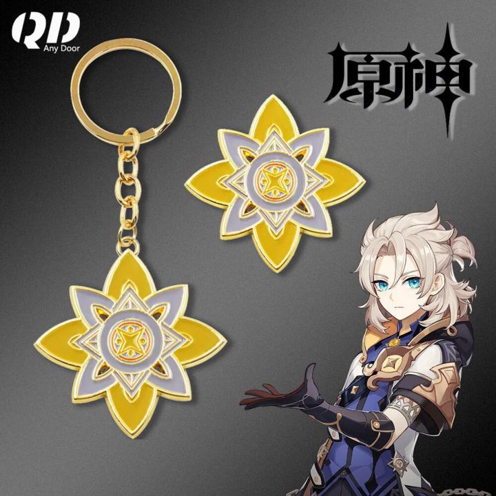 【HOT】 Genshin Impact Account Albedo Solar Isotoma Keychain Geo Flower Metal Key Ring For Fans Pendant Keyring Gift