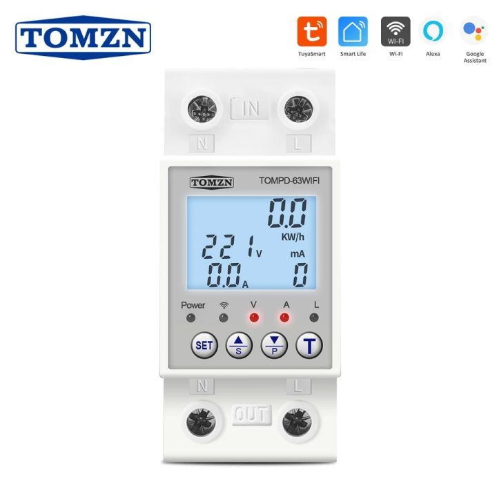 TOMZN 63A WiFi TUYA/Smartlife APP, Reclosable Backlight LCD Energy Meter Timer with Voltage Amper Leakage Protection for solar inverter