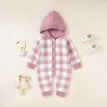 Newborn Hooded Knit Jumpsuit, Toddler Casual Plaid Pattern Long Sleeve Button Romper. 