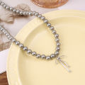 Goth Harajuku Cute Y2K Aesthetic Bowknot Pendant Grey Pearl Beaded Rope Chain Necklace for Girl Choker Cool 90s EMO Accessories. 