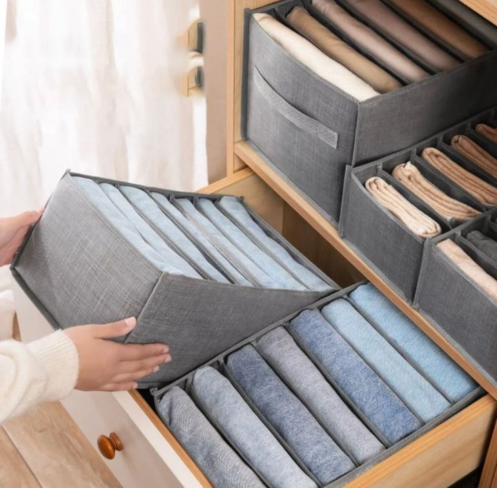 stackable clothes 6 Grids Wardrobe Organizer, Clothes, shirts pants Washable Jeans Compartment Storage Box, Clothes Drawer Mesh Separation Box, Portable Foldable Closet