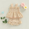 Toddler Baby Girls Summer Outfit Solid Color Cutout Pleated Tank Tops and Stretch Casual Ruffle Shorts Set. 
