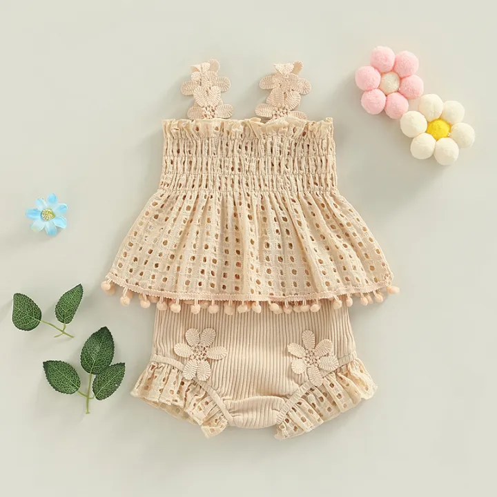 Toddler%20Baby%20Girls%20Summer%20Outfit%20Solid%20Color%20Cutout%20Pleated%20Tank%20Tops%20and%20Stretch%20Casual%20Ruffle%20Shorts%20Set%20-%20Image%204