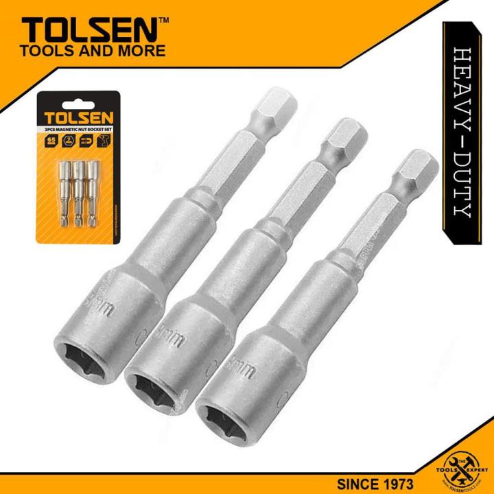 Tolsen 3pcs Magnetic Nut Socket Set (Length 65mm) Tek Screw Bits