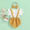 Newborn Baby Three Piece Set, Fly Sleeve Round Neck Shirt Suspender Ruffle Shorts Elastic Matching Headband. 