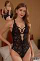Women Black Lace Bodysuit Deep V Neck Strappy Back One Piece Nightwear Soft Stretch Floral Lace Teddy for Ladies. 