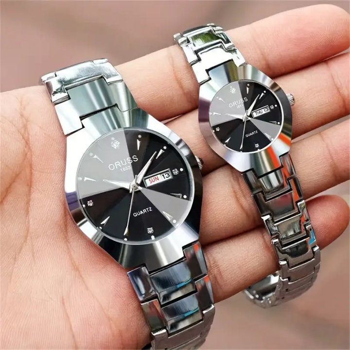 Oruss 1853 Pack of 2 Quartz Couple Watch Chain straps silver Chain and black Dial with Time, Date and Day Function
