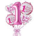 1st Birthday Decoration Kit for Girls - 70pc Combo- 60pc Balloons(white, red, pink), 1 banner, 1st birthday foil balloon Set of 5, 2 Silver Curtains, 1pc dot tape & 1pc arch ( First Birthday Theme Decorations for Girls). 