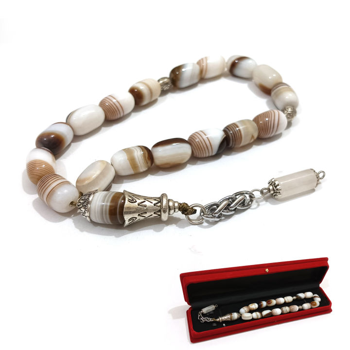 Original smooth Natural unique design White Sulemani Aqeeq Stone Tasbih 17 Beads & 24 Beads Size 10-mm x 14-mm – muslim Agate zikr prayer Tasbeeh - handmade  Rosary 10mm x 14mm tasbi counter Stress Relaxation