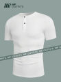 Summer Men Henley Shirt Casual Solid Color Short Sleeve by MF Outfits. 