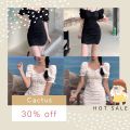 Ladies Mini Skirt, Girls Summer Temperament Solid Color Puff Sleeve Drawstring Ruched Short Dress. 