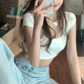 Women Short Sleeve Crop Tops Solid Color Low-Cut Square Neck T-Shirt Summer Casual Tight-Fitting Slimming Shirt. 