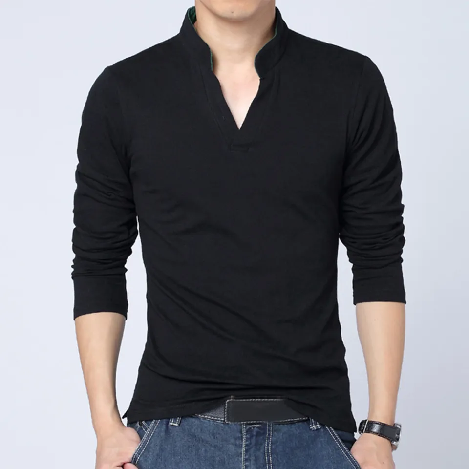 Solid Color Men Casual Stand Collar V Neck Long Sleeve T Shirt Slim Fit Top