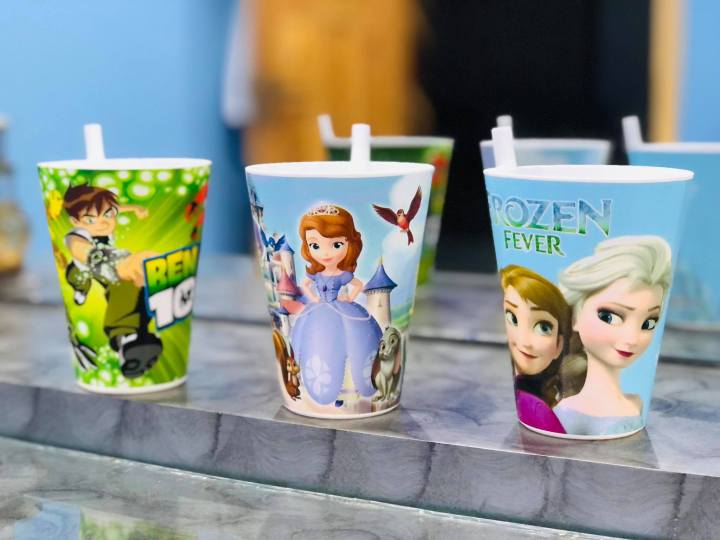 Glass - Straw Glass (Pack of 2) - Juice Glass with Straw - Kids Straw Glass - Kids Juice Glass - Pipe Glass without Cover - Anna Elsa Glass - Sofia Glass - Ben 10 Glass