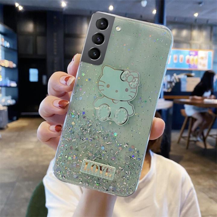 Phone Case Samsung Galaxy S22 Shiny Ring Back Cover Glitter Soft Transparent Hello Kitty Cases for Samsung S22 Back Cover Stars Moon Girls