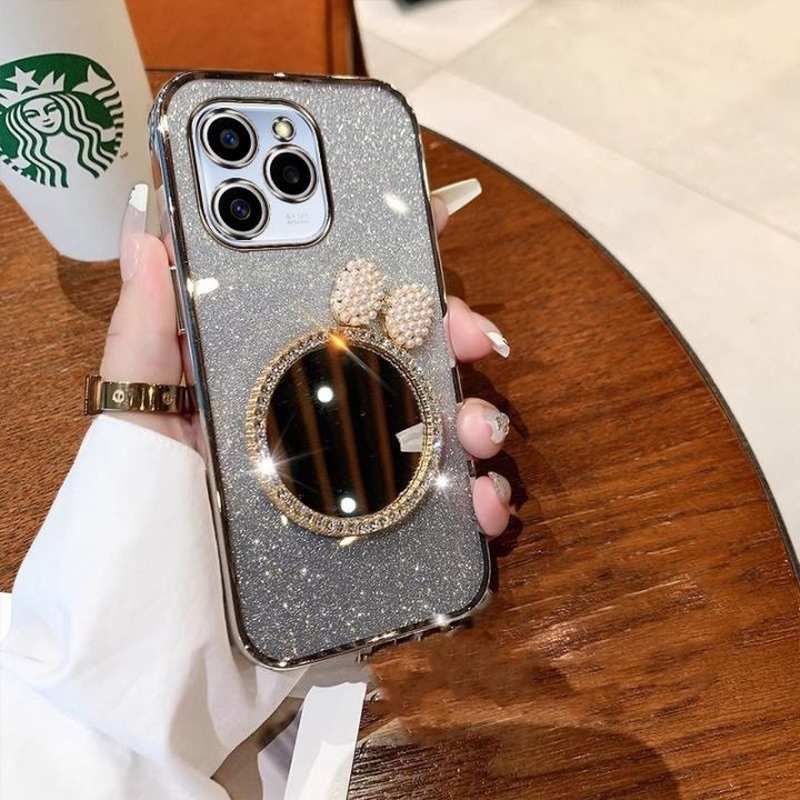 New Phone case Tecno Spark Go 2024 Spark Go 2023 Spark Go 2022 Spark Go 2020 Back Cover with Bow Makeup Mirror Luxury Shiny Gradient Plating Glitter Girls Slim Phone cases Transparent Soft Silicone Protective Pouch