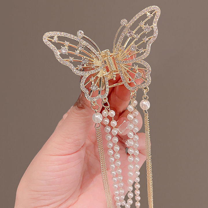 Butterfly Hair Clip With Long Tassel Hair Accessories For Women Elegant Imitation Pearl Rhinestone Shark Hairpins Jewelry
