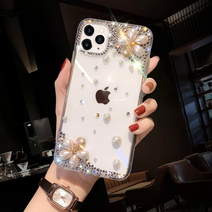 Luxury Bling Rhinestone Diamond Pearl Phone Case For Iphone 14 Pro Max 13 13Pro 12 12Pro 11 11Pro XSMax 7 8 Plus Handmade Cover