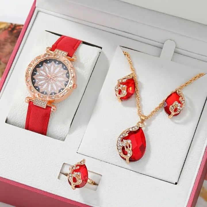 Chic and Timeless 5pcs Diamond Watch Set for Women with Leather Bracelets and Quartz Wristwatch for Ladies and Girls