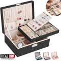 Leather Jewellery Organizer with Locker  2 Layers Cosmetics Ear Rings & Necklace_Hanging Holder  Jewelry Box Vanity Hanger Stand Fold able Makeup. 
