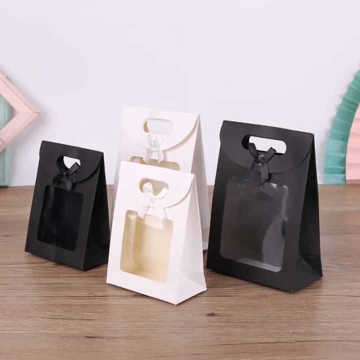10Pcs Black/White Gift Bags with Clear Window Kraft Paper Bag with handle Candy Biscuits Cake Packing Box Eid Mubarak Gift Bag