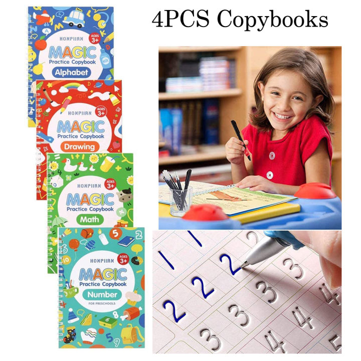 Sank Montessori Reusable Magic Book Children Handwriting Practice Book 4Magic Books + 1Magic Pen + 10Refills + 1Grip Children's Calligraphy Copybook Magic Writing Calligraphy Handwriting Copybook Set With 1 Magic Pen