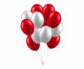 Red & White Happy Birthday Theme Decoration With White Happy Birthday Banner , Red Background Curtains & Balloons. 