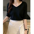 Women V Neck Blouse Casual Loose Half Sleeves Tops Fashion Solid Color Pullover Breathable T Shirt. 
