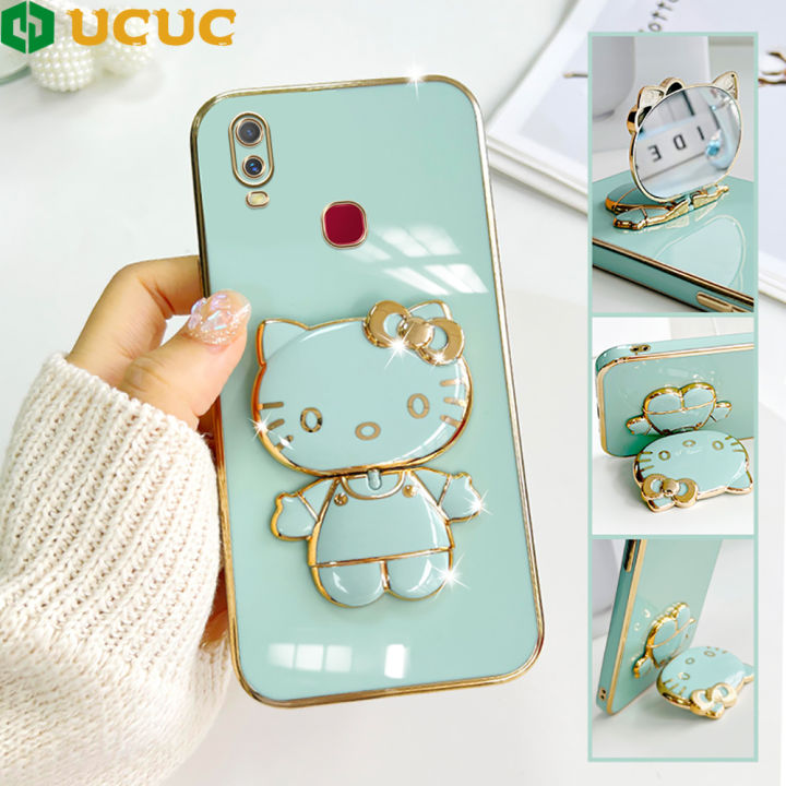 UCUC for Vivo Y11 2019 Y12i 1906 Back Cover Cute kitty Mirror Multifunction Folding Bracket Luxury Plating Case Soft Silicone Square Phone Cases for Boys for Girls