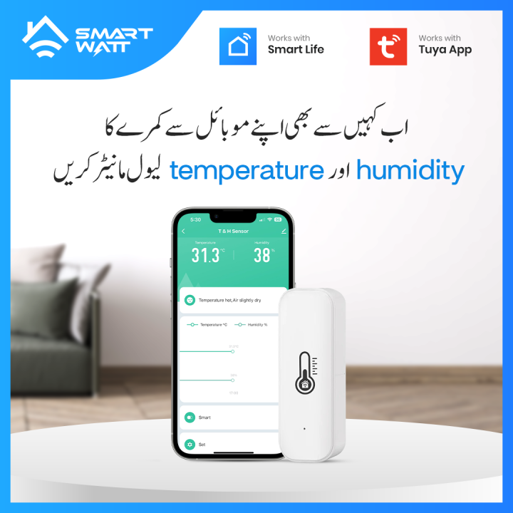 Smart wifi temperature sensor + humidity sensor device with mobile app control functions works with smart life and Tuya App