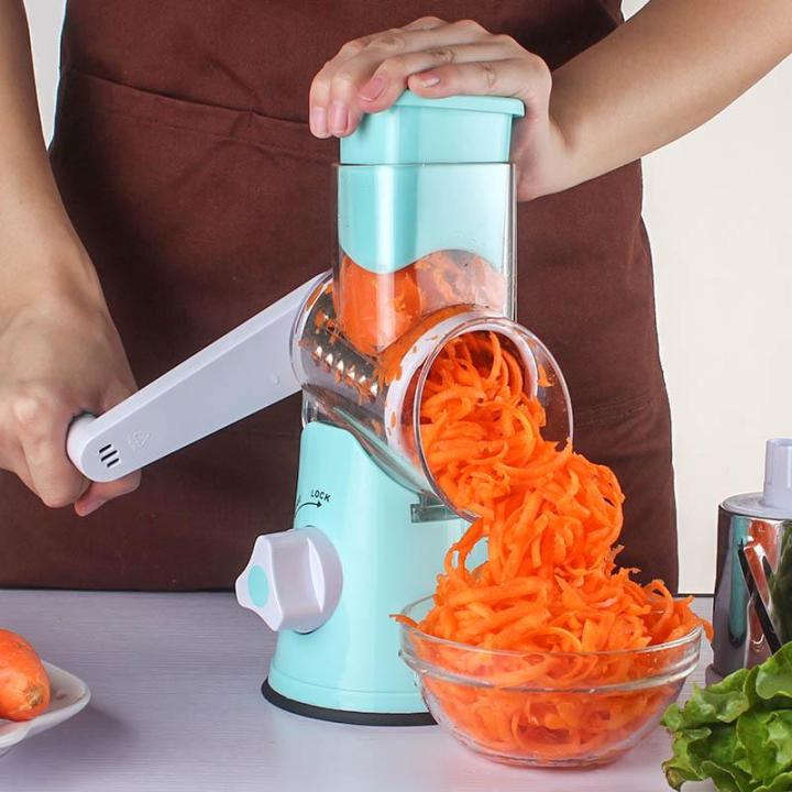 Manual Tabletop Drum Cheese Grater, 3 in 1 Rotary Shredder Slicer Grinder for Cucumber Nut Potato Carrot Cheese, Vegetable Salad Shooter,Green