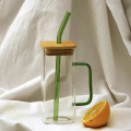 Multi-Color Square Glass Mug With Handle- Straw & Wooden Lid - Drinking Glass, Glass Cups with Lids and Straw. 