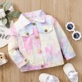 Girls Casual Button-down Jacket, Pink Tie-dyed Printed Pattern Long Sleeve Coat, 6 Months-4 Years. 