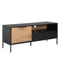 Sleek 1 Door 1 Drawer TV Cabinet in Black Oak Finish | Matte Black TV Stand Table, Wooden TV Unit, LED TV Console, and Media Stand for a Contemporary Entertainment Center. 